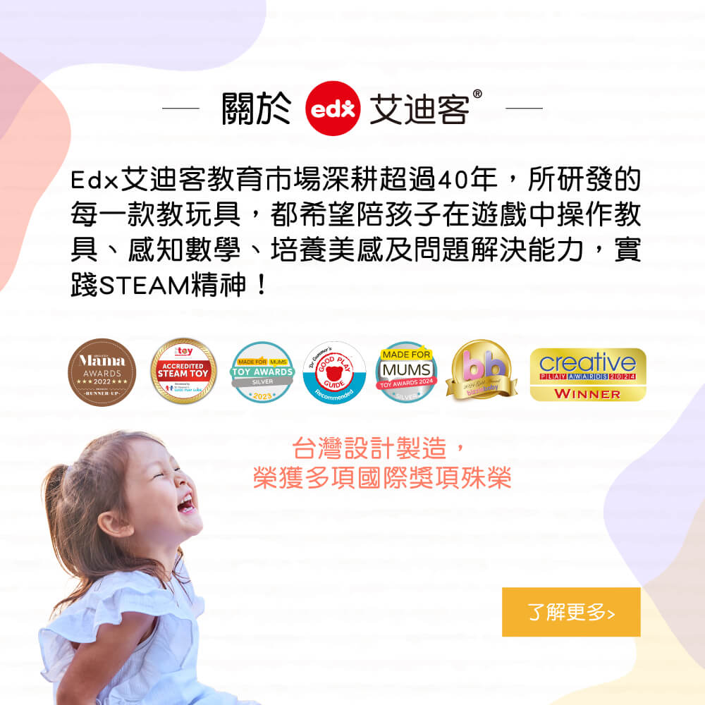 艾迪客專注於全球教育市場超過40年,研發創新兒童教玩具,旨在培養孩子的數學、藝術、問題解決能力,並推動STEAM教育理念(科學、技術、工程、藝術、數學)