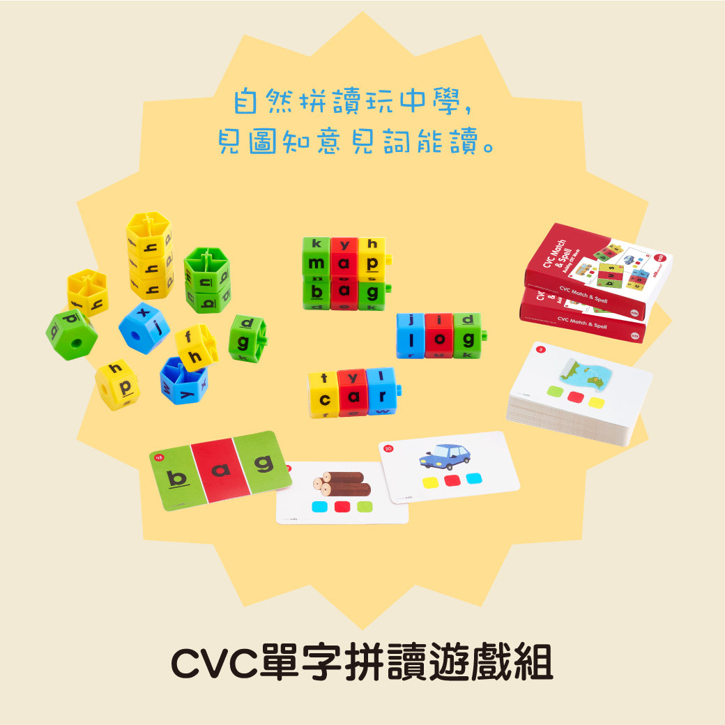 CVC單字拼讀遊戲組，含24個字母連接積木與108張雙面單詞卡，結合顏色配對與自然拼讀法，幫助孩子學習子音母音拼讀與英文字母辨識，適合3歲以上語文啟蒙階段兒童。